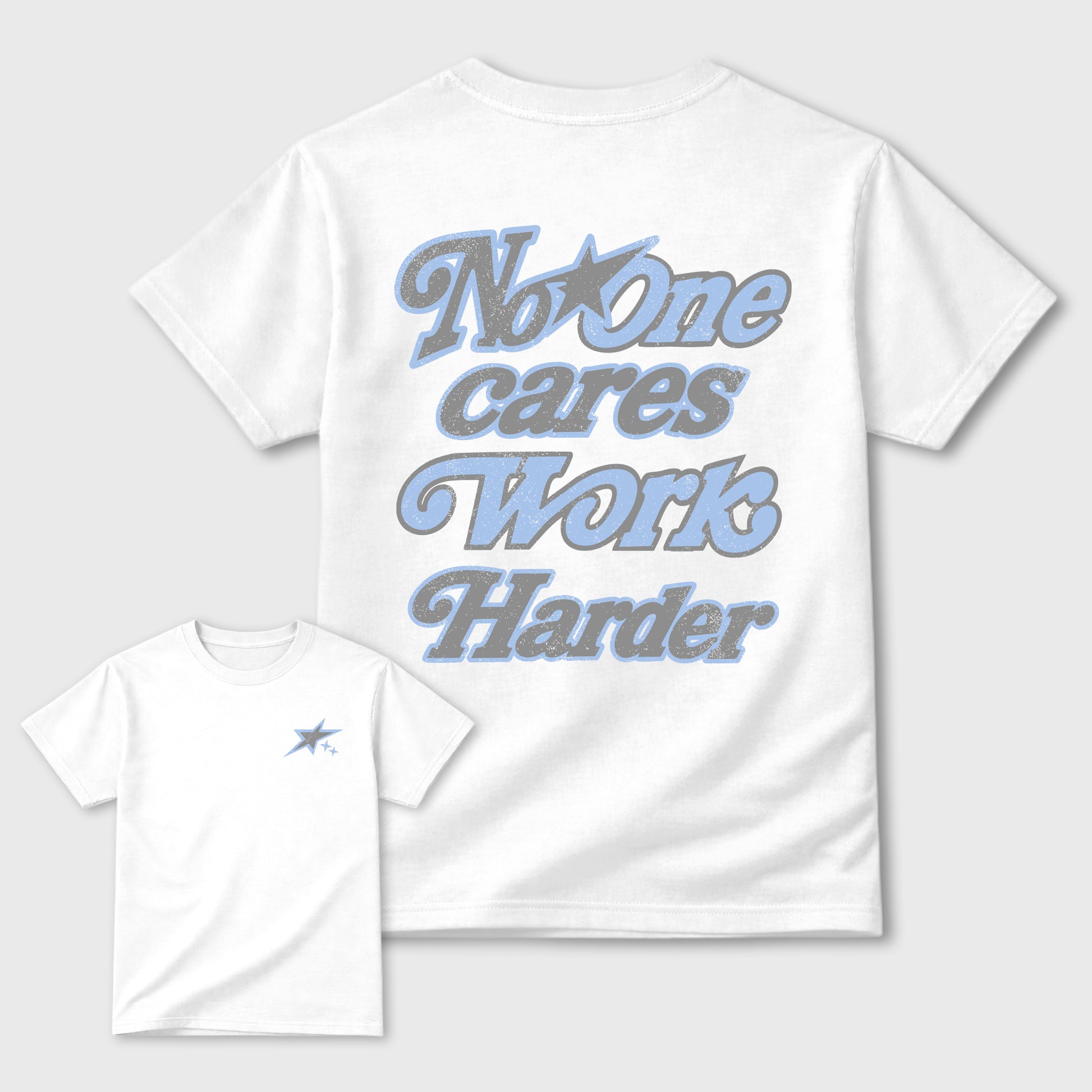 No One Cares Work Harder graphic t-shirt, Double side styled graphic shirts to complete your fit with the 5s Retro White Metallic sneakers, shown in White.