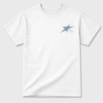 No One Cares Work Harder graphic t-shirt, Double side styled graphic shirts to complete your fit with the 5s Retro White Metallic sneakers, shown in White.