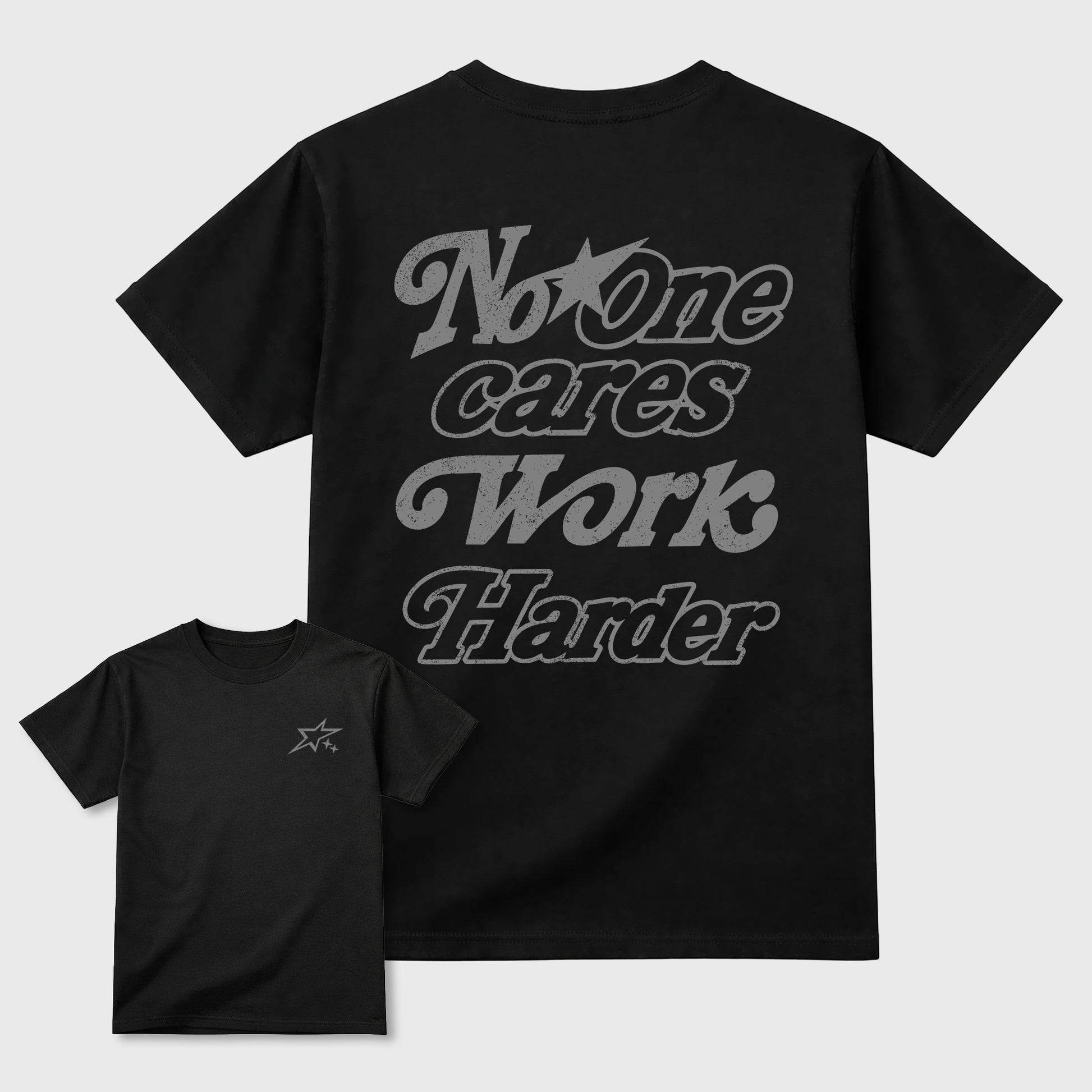 No One Cares Work Harder graphic t-shirt styled to complete your sneaker outfit with the 6s Cap&Gown, shown in Black.