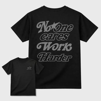 No One Cares Work Harder graphic t-shirt styled to complete your sneaker outfit with the 6s Cap&Gown, shown in Black.