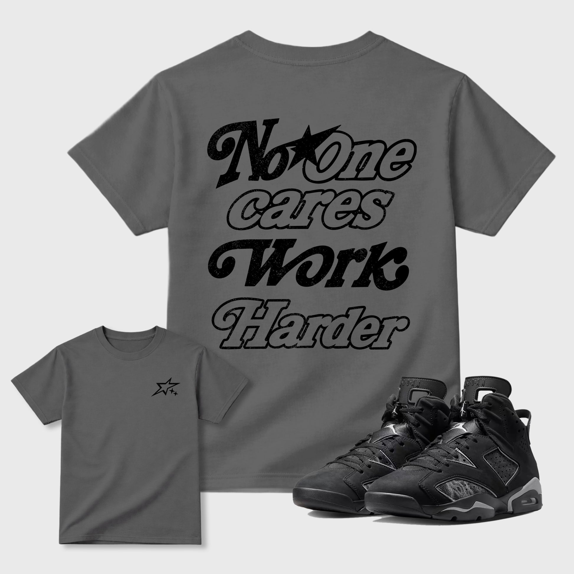 No One Cares Work Harder graphic t-shirt styled to complete your sneaker outfit with the 6s Cap&Gown, shown in Cool Grey.