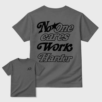 No One Cares Work Harder graphic t-shirt styled to complete your sneaker outfit with the 6s Cap&Gown, shown in Cool Grey.