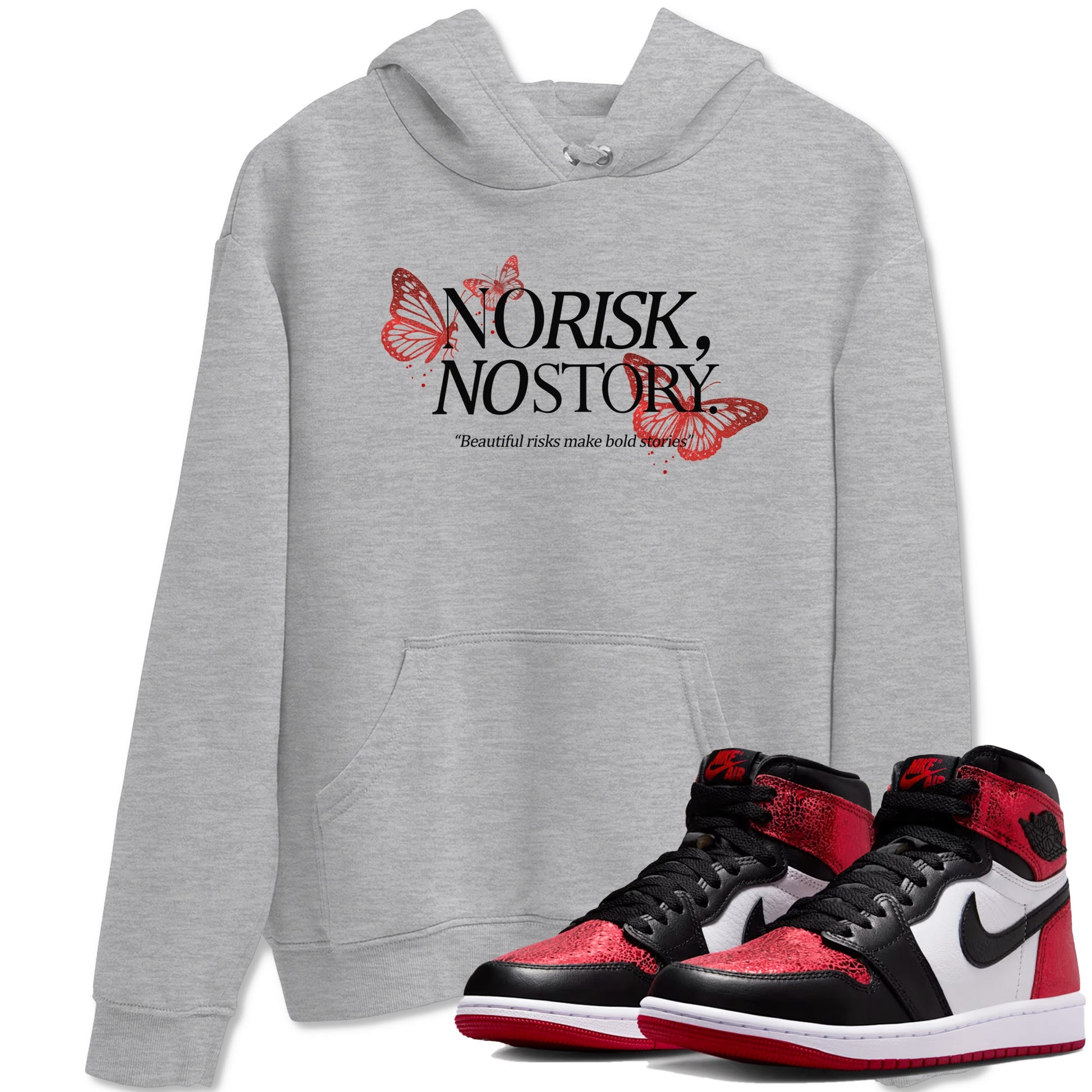 No Risk No Story sneaker match t-shirt styled to complete your fit with the Air Jordan 1 Ruby sneakers, shown in Heather Grey 1.