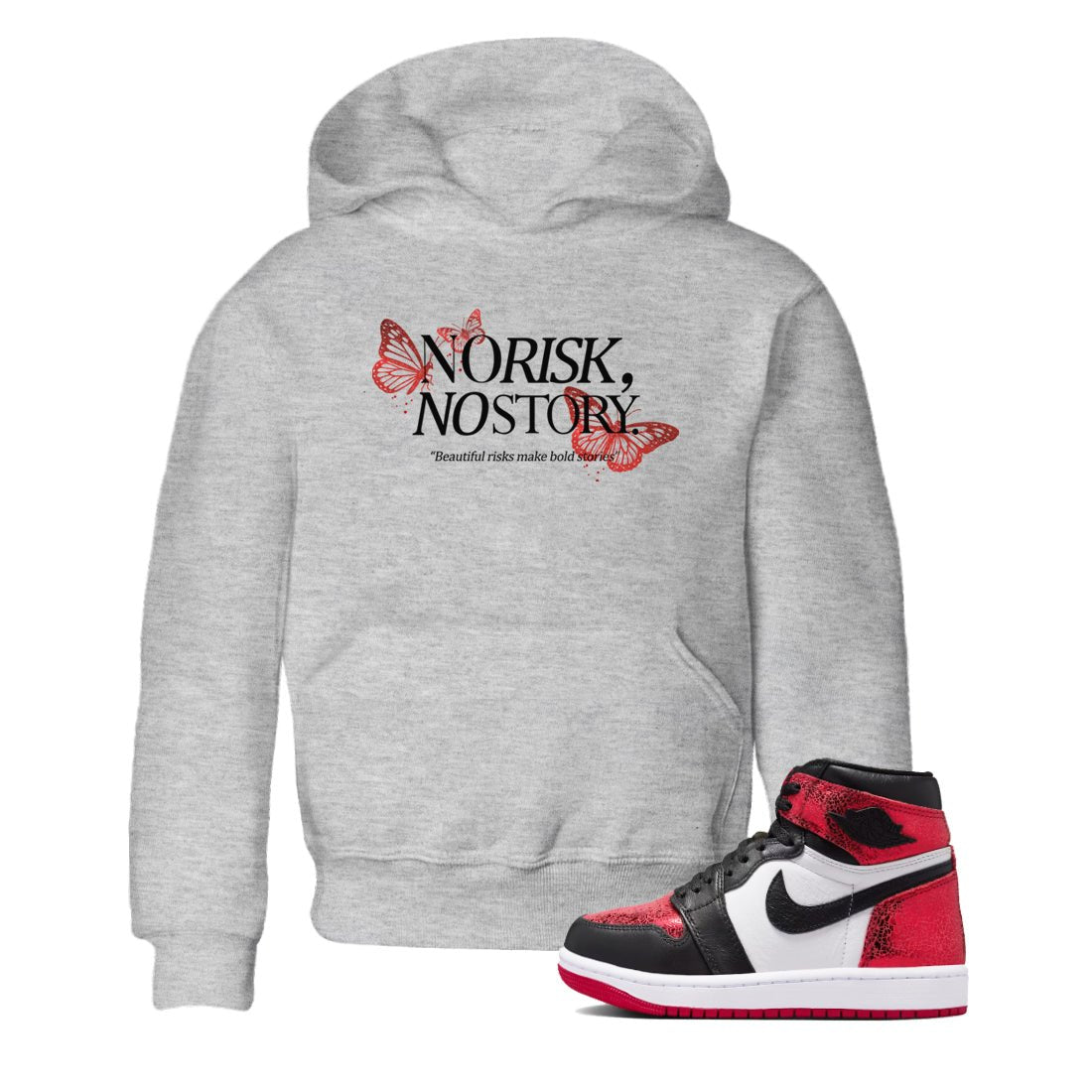 No Risk No Story baby and kids t-shirt crafted for little sneakerheads to shine with the Air Jordan 1 Ruby sneakers, displayed in Heather Grey 1.