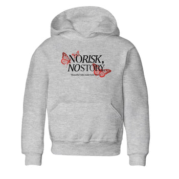No Risk No Story baby and kids t-shirt crafted for little sneakerheads to shine with the Air Jordan 1 Ruby sneakers, displayed in Heather Grey 2.