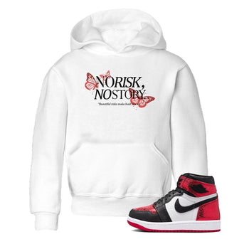 No Risk No Story baby and kids t-shirt crafted for little sneakerheads to shine with the Air Jordan 1 Ruby sneakers, displayed in White 1.