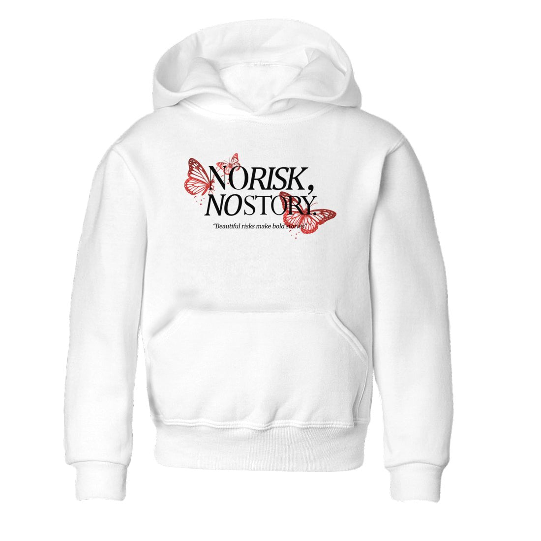 No Risk No Story baby and kids t-shirt crafted for little sneakerheads to shine with the Air Jordan 1 Ruby sneakers, displayed in White 2.