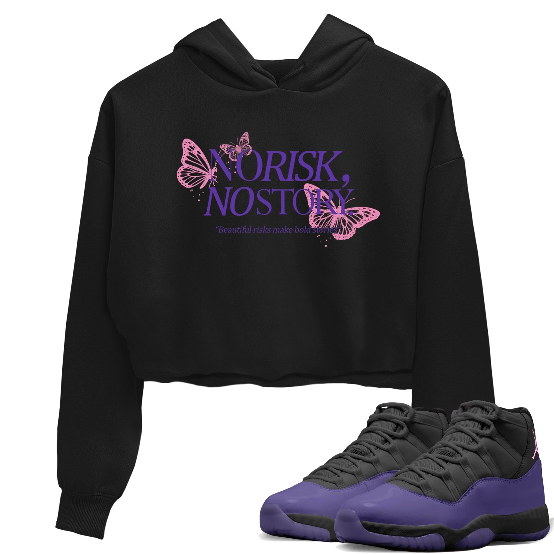Sneaker match tees – Sneaker Tees To Match Air Jordan 11 Canyon Purple Shoes – No Risk No Story Crop T-Shirt Black 1