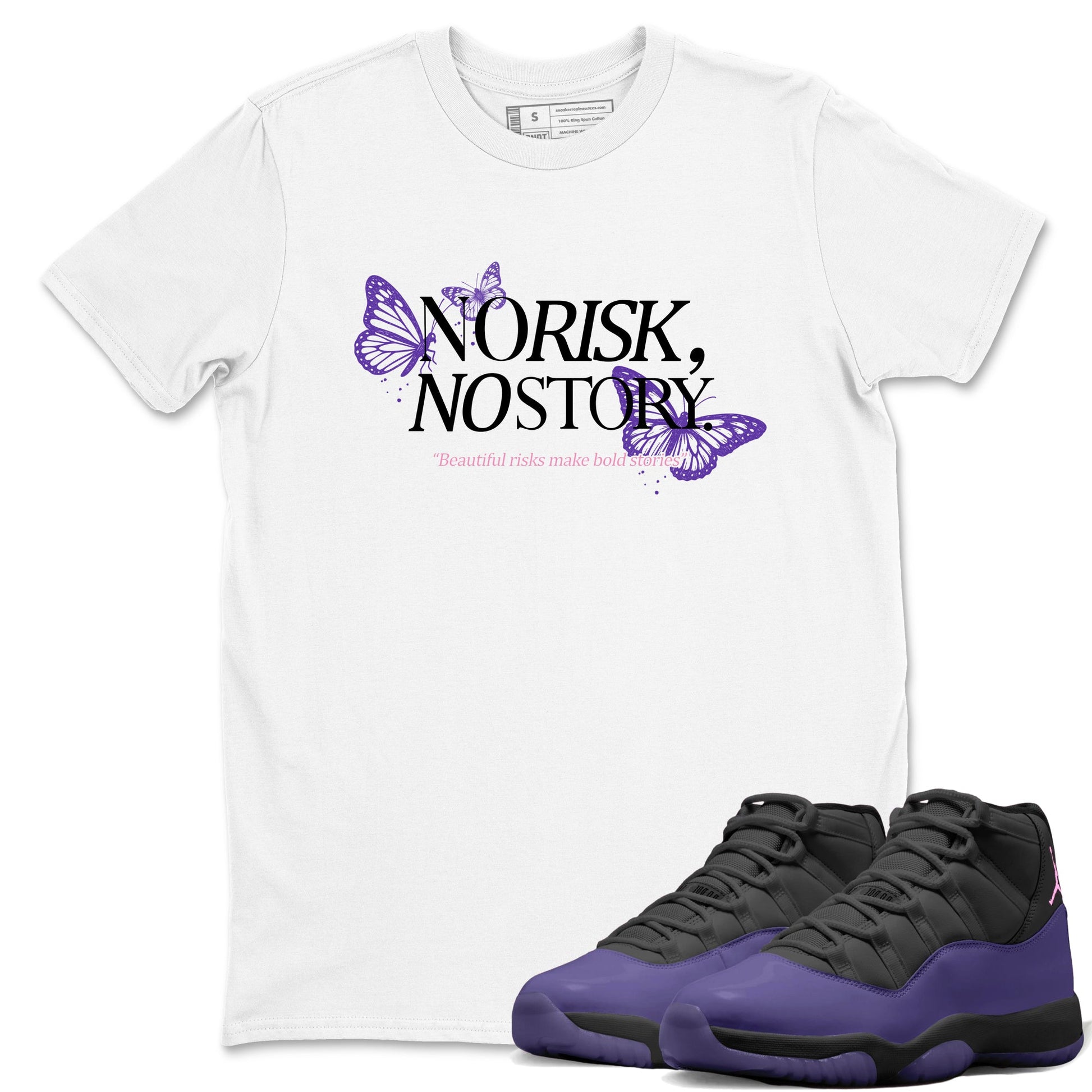 Sneaker match tees – Sneaker Tees To Match Air Jordan 11 Canyon Purple Shoes – No Risk No Story Tee White 1