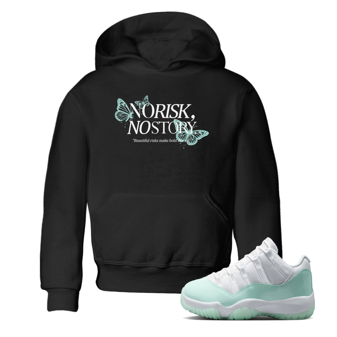 No Risk No Story baby and kids t-shirt crafted for little sneakerheads to shine with the Air Jordan 11 Igloo sneakers, displayed in Black 1.