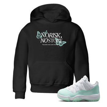 No Risk No Story baby and kids t-shirt crafted for little sneakerheads to shine with the Air Jordan 11 Igloo sneakers, displayed in Black 1.