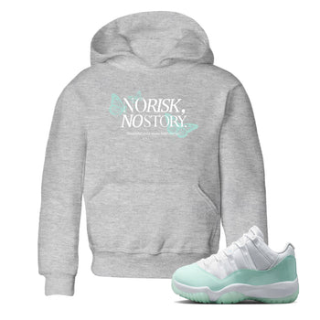 No Risk No Story baby and kids t-shirt crafted for little sneakerheads to shine with the Air Jordan 11 Igloo sneakers, displayed in Heather Grey 1.