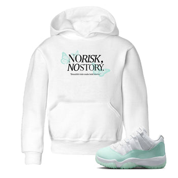 No Risk No Story baby and kids t-shirt crafted for little sneakerheads to shine with the Air Jordan 11 Igloo sneakers, displayed in White 1.