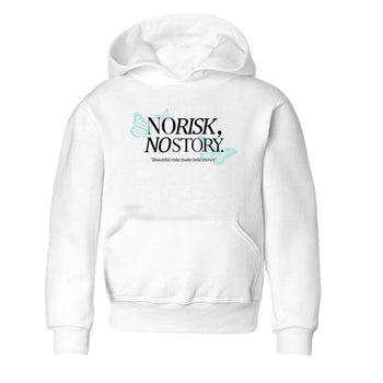 No Risk No Story baby and kids t-shirt crafted for little sneakerheads to shine with the Air Jordan 11 Igloo sneakers, displayed in White 2.