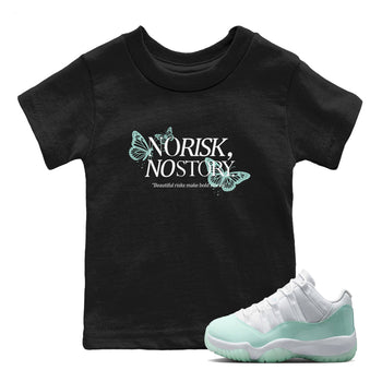 No Risk No Story baby and kids t-shirt crafted for little sneakerheads to shine with the Air Jordan 11 Igloo sneakers, displayed in Black 1.