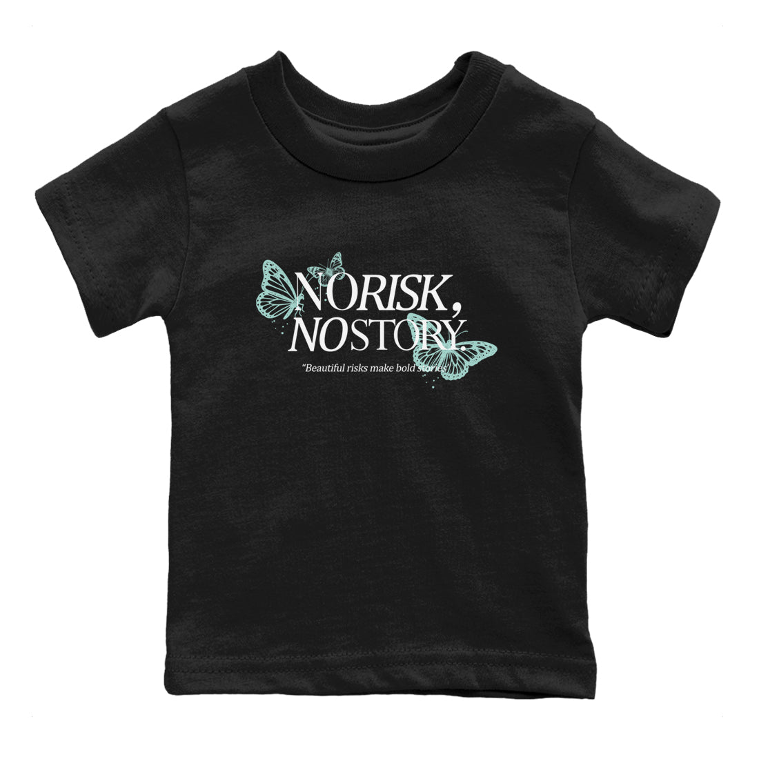 No Risk No Story baby and kids t-shirt crafted for little sneakerheads to shine with the Air Jordan 11 Igloo sneakers, displayed in Black 2.