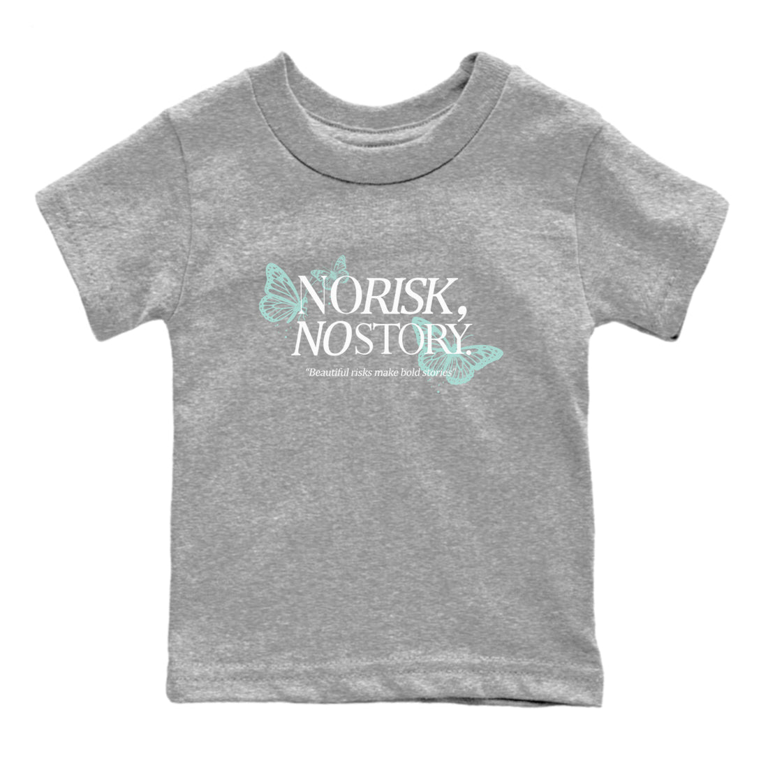 No Risk No Story baby and kids t-shirt crafted for little sneakerheads to shine with the Air Jordan 11 Igloo sneakers, displayed in Heather Grey 2.