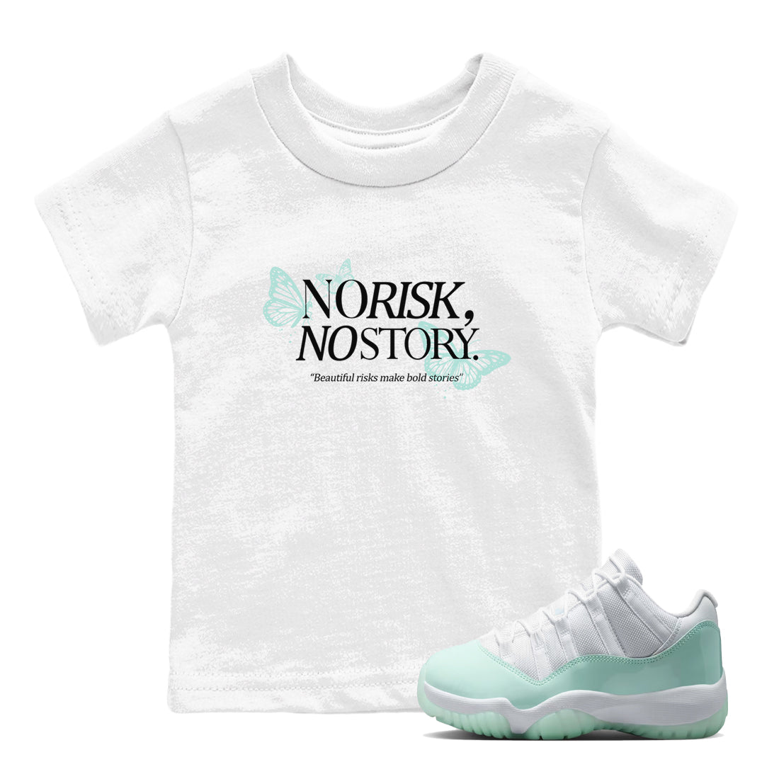 No Risk No Story baby and kids t-shirt crafted for little sneakerheads to shine with the Air Jordan 11 Igloo sneakers, displayed in White 1.