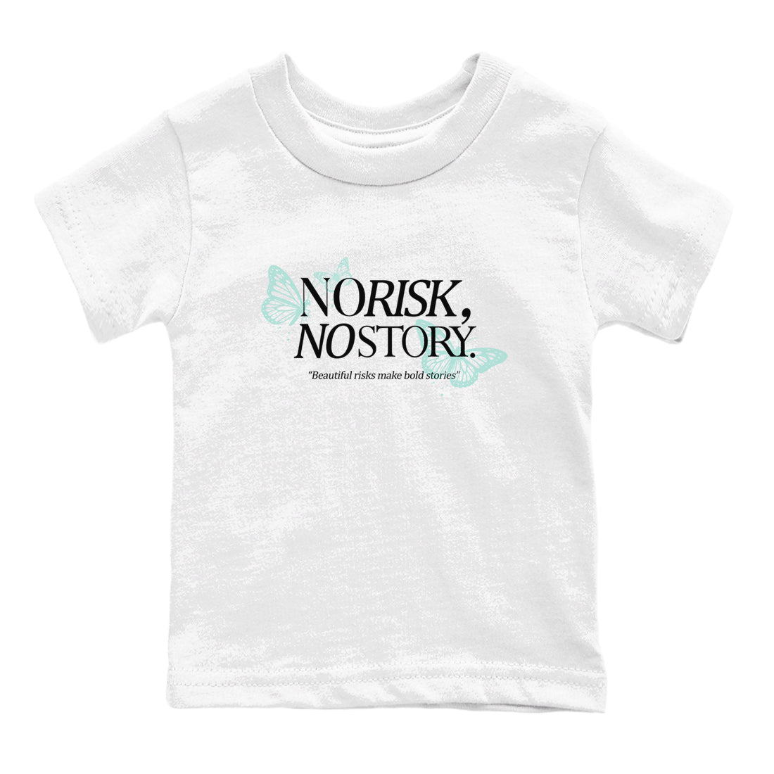 No Risk No Story baby and kids t-shirt crafted for little sneakerheads to shine with the Air Jordan 11 Igloo sneakers, displayed in White 2.