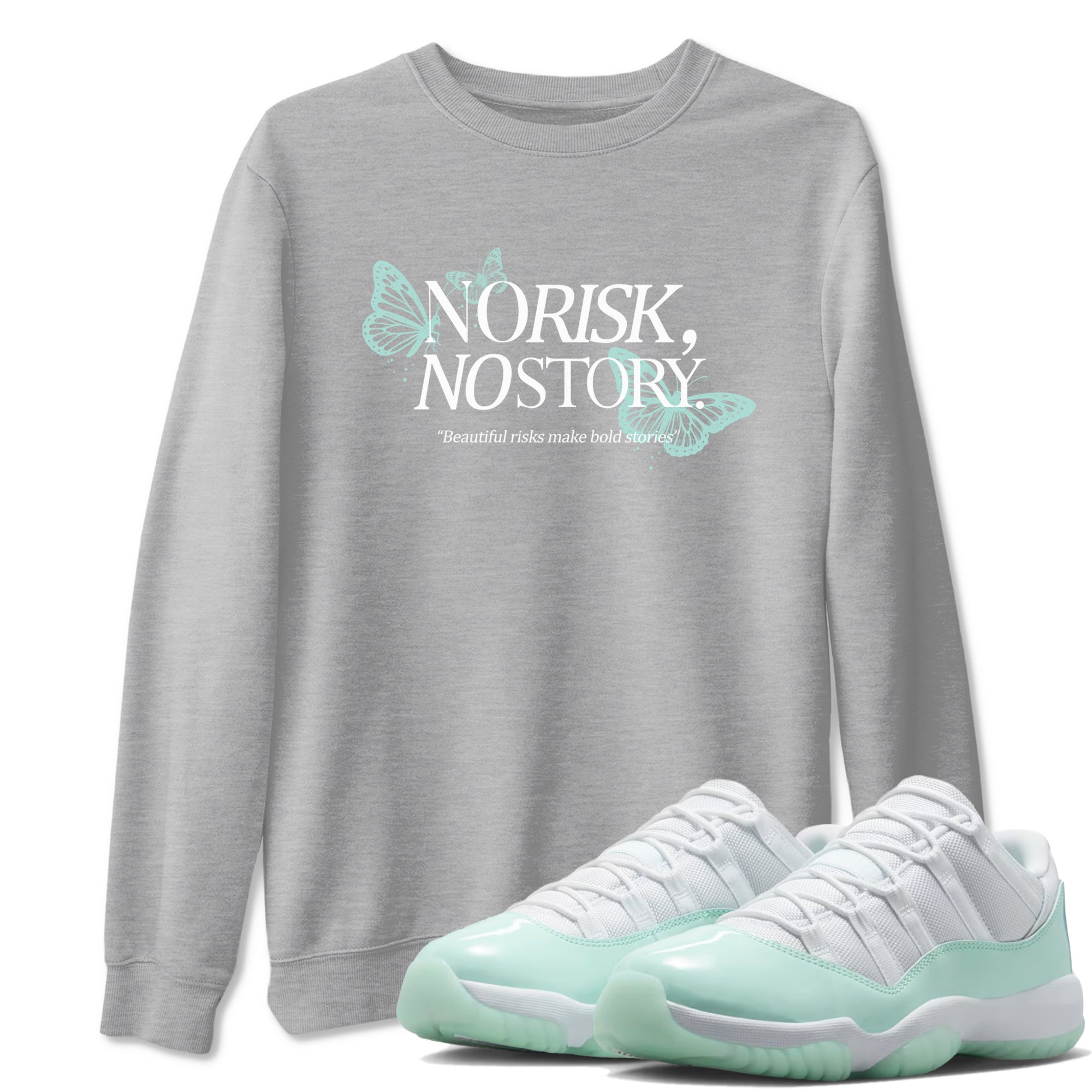 No Risk No Story sneaker match t-shirt styled to complete your fit with the Air Jordan 11 Igloo sneakers, shown in Heather Grey 1.