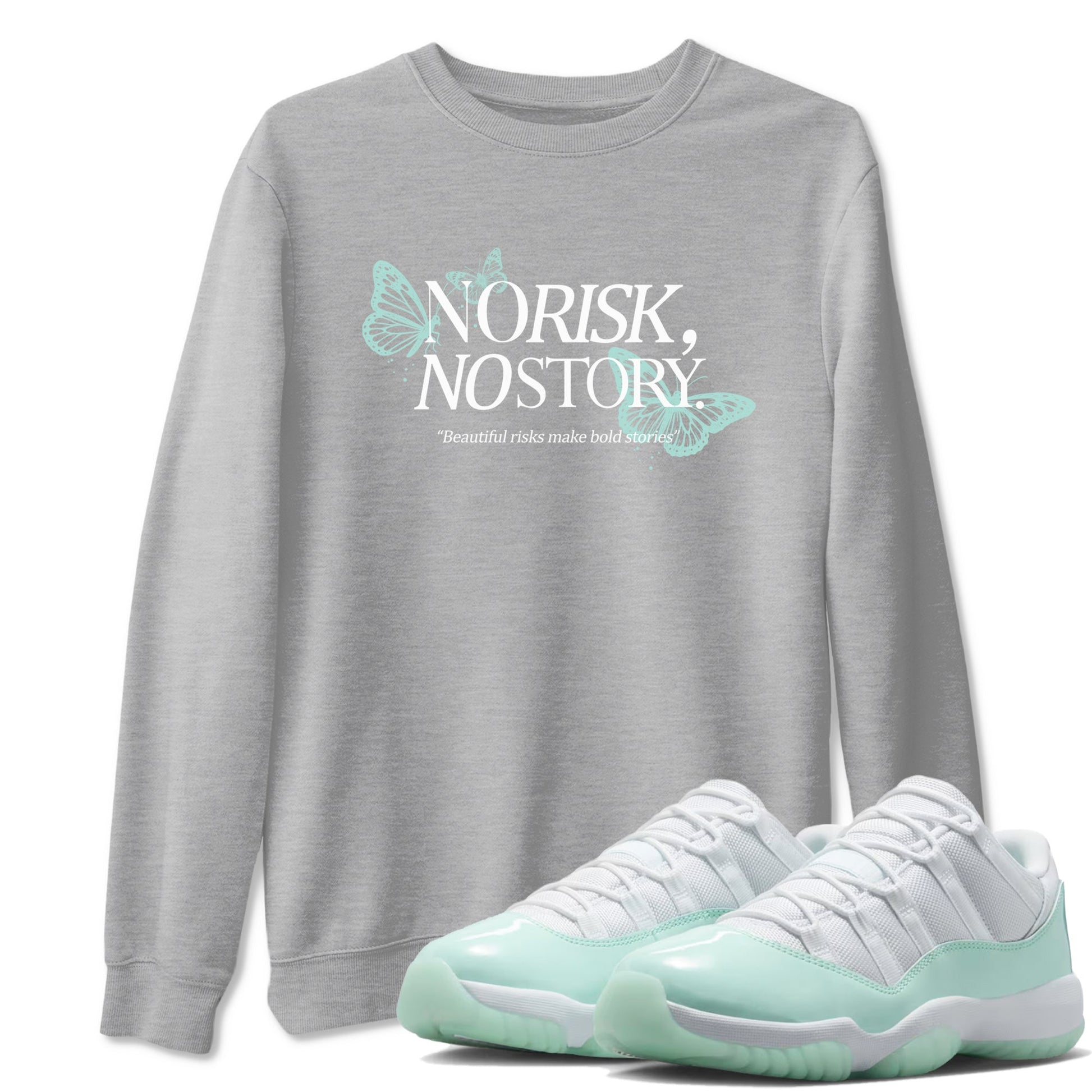 No Risk No Story sneaker match t-shirt styled to complete your fit with the Air Jordan 11 Igloo sneakers, shown in Heather Grey 1.