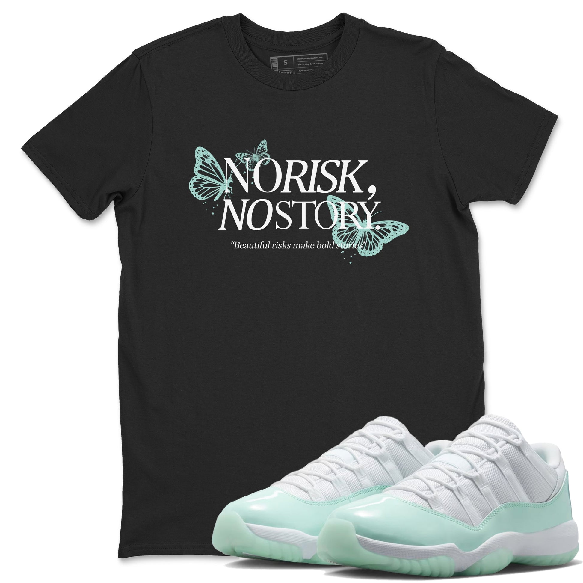 No Risk No Story sneaker match t-shirt styled to complete your fit with the Air Jordan 11 Igloo sneakers, shown in Black 1.