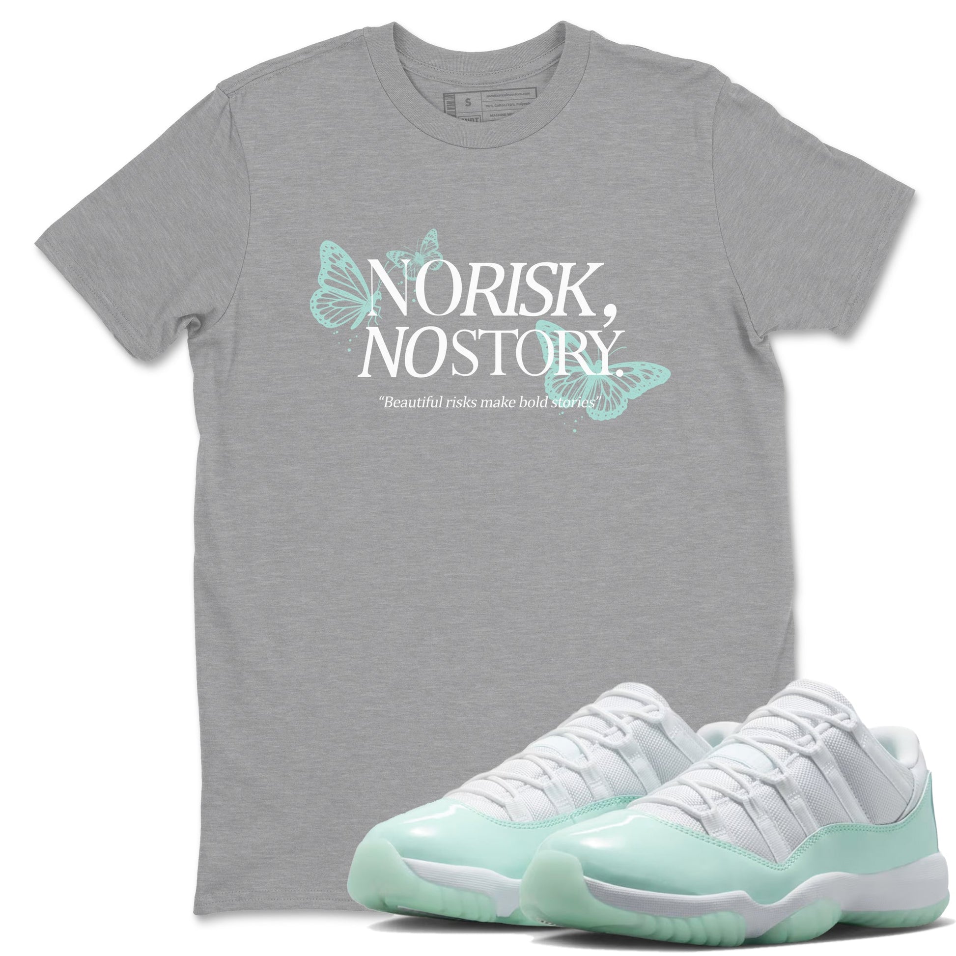 No Risk No Story sneaker match t-shirt styled to complete your fit with the Air Jordan 11 Igloo sneakers, shown in Heather Grey 1.