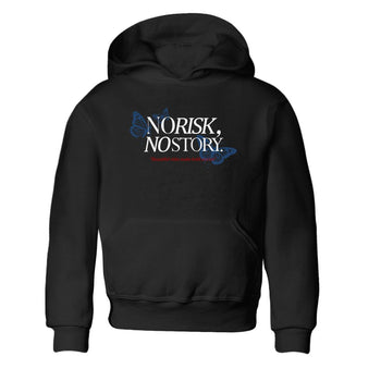 No Risk No Story baby and kids t-shirt crafted for little sneakerheads to shine with the Air Jordan 12 French Blue sneakers, displayed in Black 2.