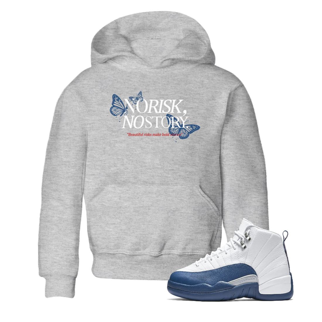No Risk No Story baby and kids t-shirt crafted for little sneakerheads to shine with the Air Jordan 12 French Blue sneakers, displayed in Heather Grey 1.