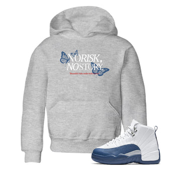 No Risk No Story baby and kids t-shirt crafted for little sneakerheads to shine with the Air Jordan 12 French Blue sneakers, displayed in Heather Grey 1.