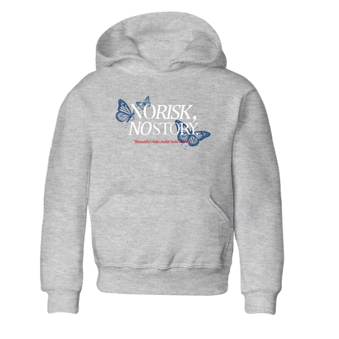 No Risk No Story baby and kids t-shirt crafted for little sneakerheads to shine with the Air Jordan 12 French Blue sneakers, displayed in Heather Grey 2.