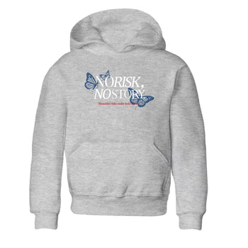 No Risk No Story baby and kids t-shirt crafted for little sneakerheads to shine with the Air Jordan 12 French Blue sneakers, displayed in Heather Grey 2.