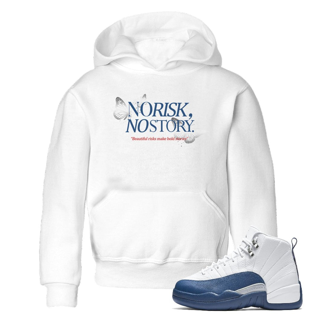 No Risk No Story baby and kids t-shirt crafted for little sneakerheads to shine with the Air Jordan 12 French Blue sneakers, displayed in White 1.