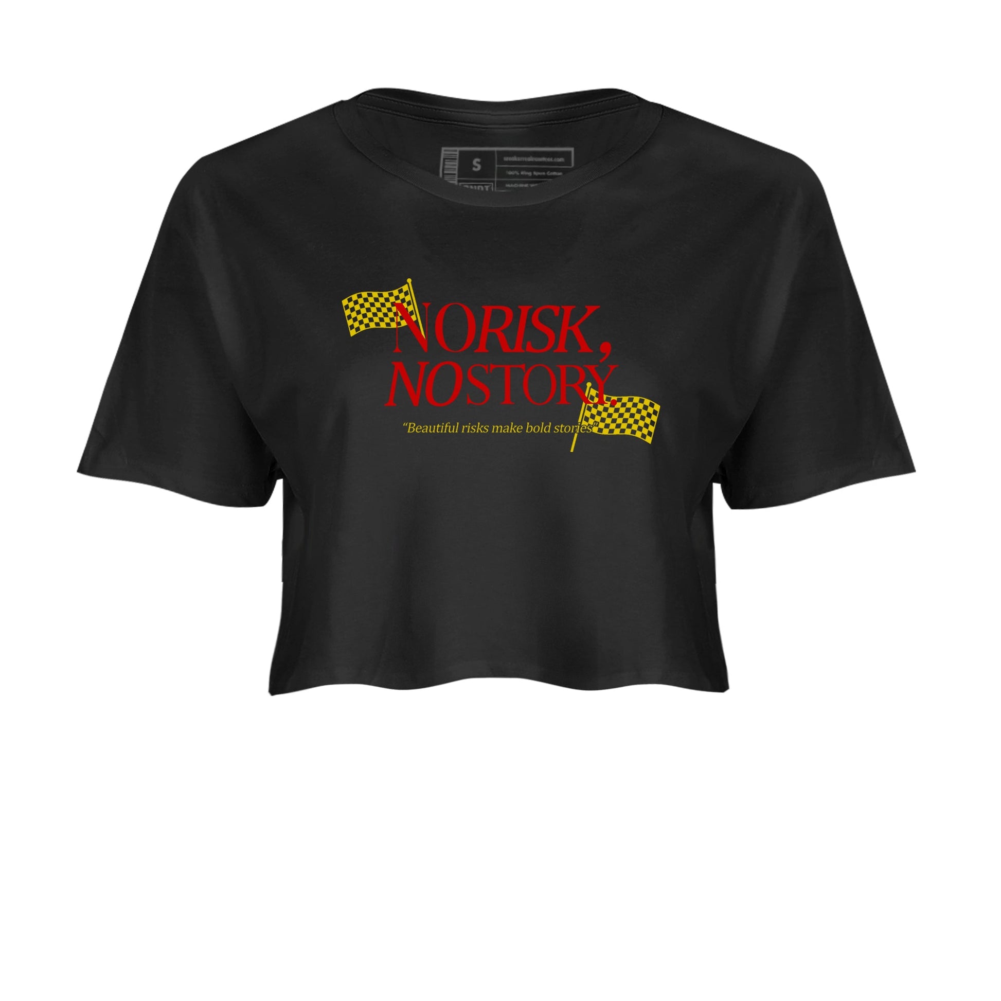 No Risk No Story womens crop tee made to vibe with the Air Jordan 14 Challenge Red sneakers — the perfect match in Black 2.