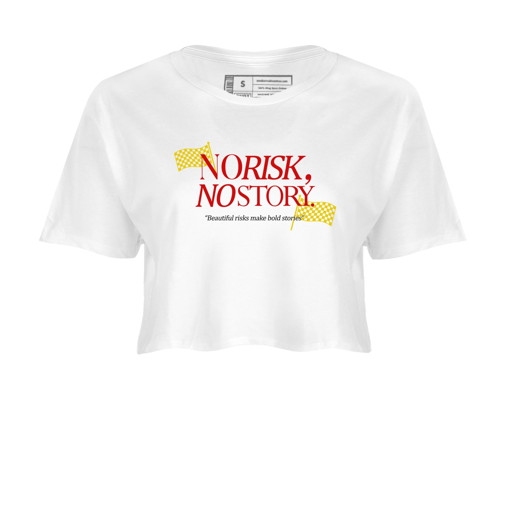 No Risk No Story womens crop tee made to vibe with the Air Jordan 14 Challenge Red sneakers — the perfect match in White 2.