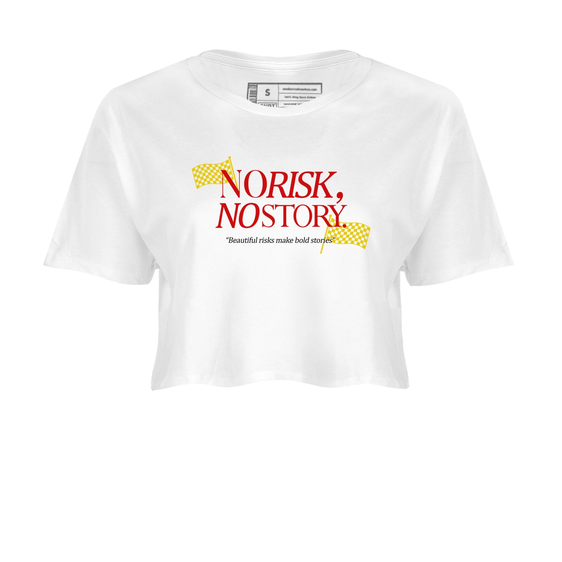 No Risk No Story womens crop tee made to vibe with the Air Jordan 14 Challenge Red sneakers — the perfect match in White 2.