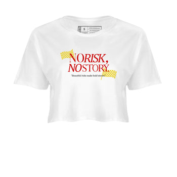 No Risk No Story womens crop tee made to vibe with the Air Jordan 14 Challenge Red sneakers — the perfect match in White 2.