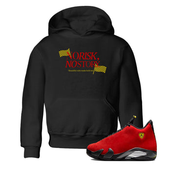 No Risk No Story baby and kids t-shirt crafted for little sneakerheads to shine with the Air Jordan 14 Challenge Red sneakers, AJ14 Ferrari,  displayed in Black 1.