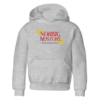No Risk No Story baby and kids t-shirt crafted for little sneakerheads to shine with the Air Jordan 14 Challenge Red sneakers, AJ14 Ferrari,  displayed in Heather Grey 2.