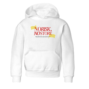 No Risk No Story baby and kids t-shirt crafted for little sneakerheads to shine with the Air Jordan 14 Challenge Red sneakers, AJ14 Ferrari,  displayed in White 2.