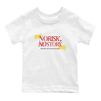No Risk No Story baby and kids t-shirt crafted for little sneakerheads to shine with the Air Jordan 14 Challenge Red sneakers, AJ14 Ferrari,  displayed in White 2.