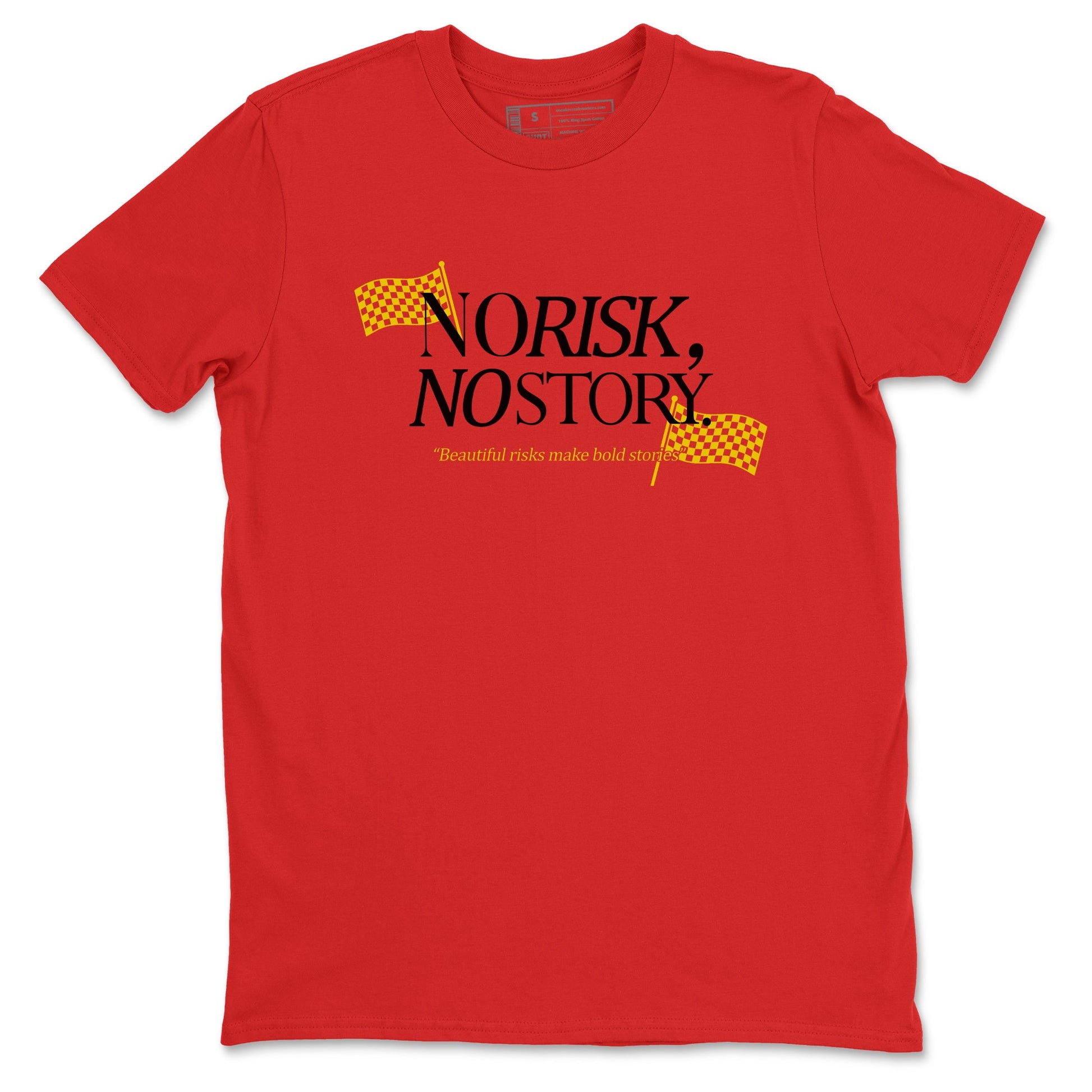No Risk No Story sneaker match t-shirt styled to complete your fit with the Air Jordan 14 Challenge Red sneakers, AJ14 Ferrari,  shown in Red 2.