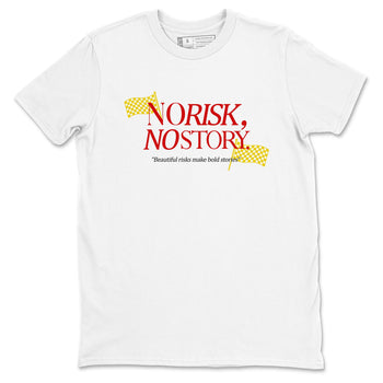 No Risk No Story sneaker match t-shirt styled to complete your fit with the Air Jordan 14 Challenge Red sneakers, AJ14 Ferrari,  shown in White 2.