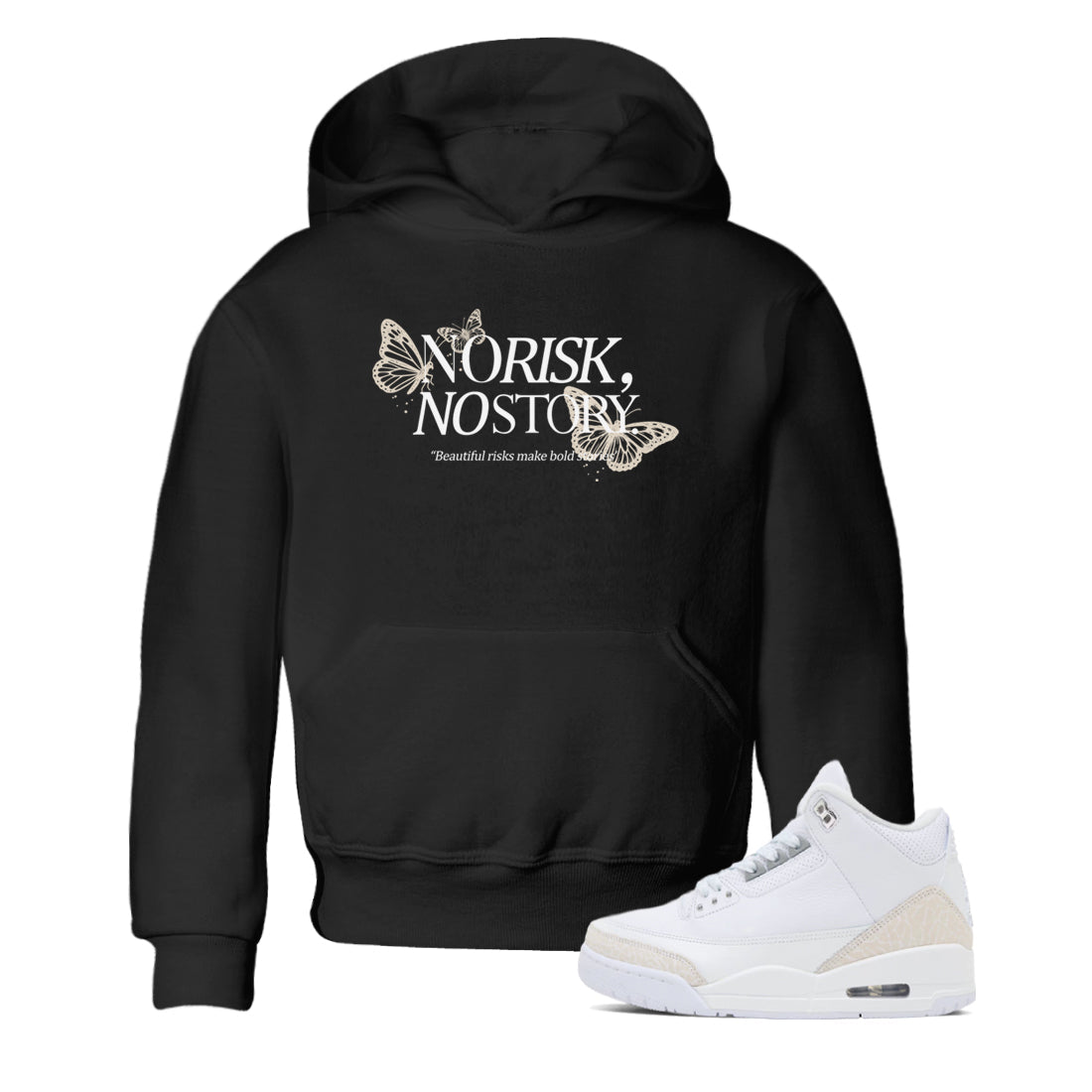 No Risk No Story baby and kids t-shirt crafted for little sneakerheads to shine with the Air Jordan 3 Pure Money sneakers, displayed in Black 1.