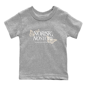 No Risk No Story baby and kids t-shirt crafted for little sneakerheads to shine with the Air Jordan 3 Pure Money sneakers, displayed in Heather Grey 2.