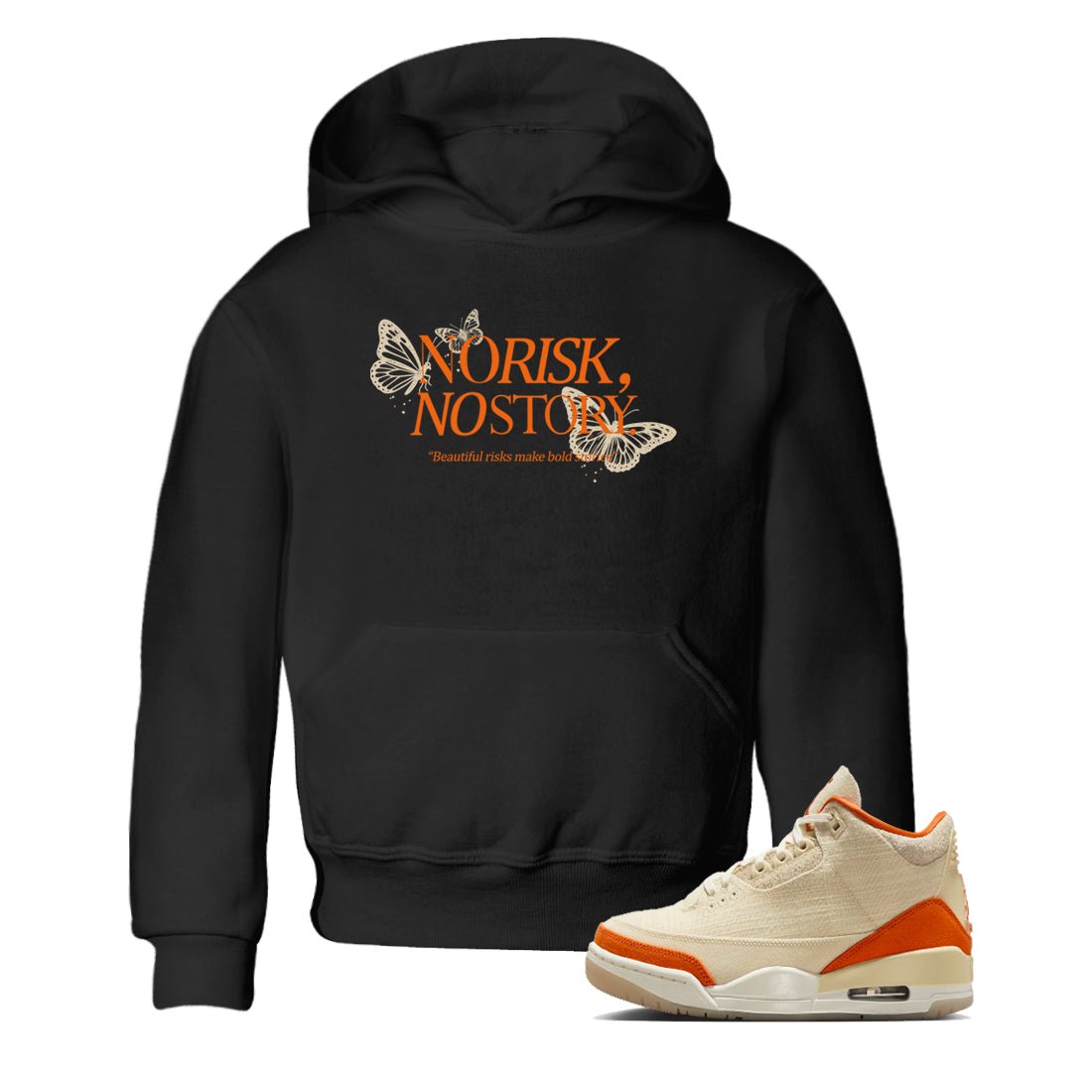No Risk No Story baby and kids t-shirt crafted for little sneakerheads to shine with the Air Jordan 3 Starfish sneakers, displayed in Black 1.