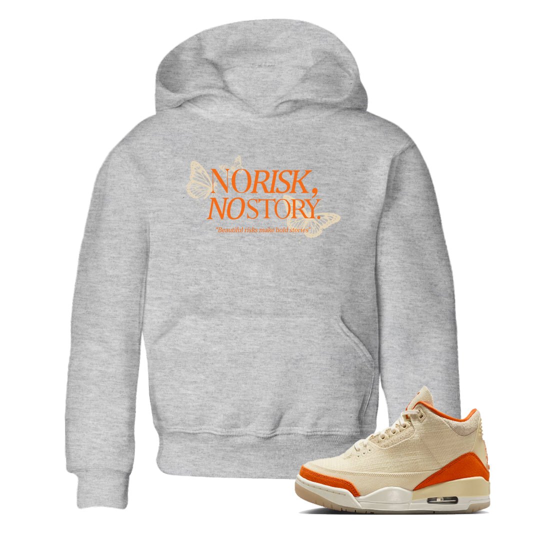 No Risk No Story baby and kids t-shirt crafted for little sneakerheads to shine with the Air Jordan 3 Starfish sneakers, displayed in Heather Grey 1.