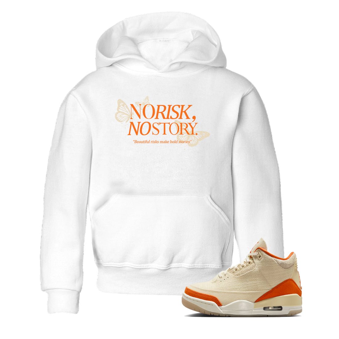 No Risk No Story baby and kids t-shirt crafted for little sneakerheads to shine with the Air Jordan 3 Starfish sneakers, displayed in White 1.