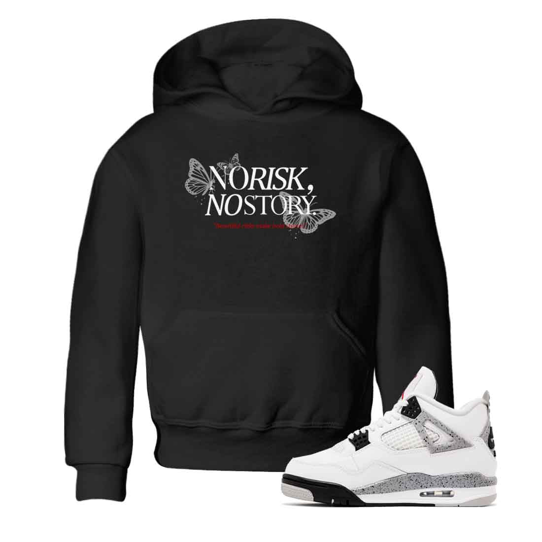 No Risk No Story baby and kids t-shirt crafted for little sneakerheads to shine with the Air Jordan 4 White Cement sneakers, displayed in Black 1.
