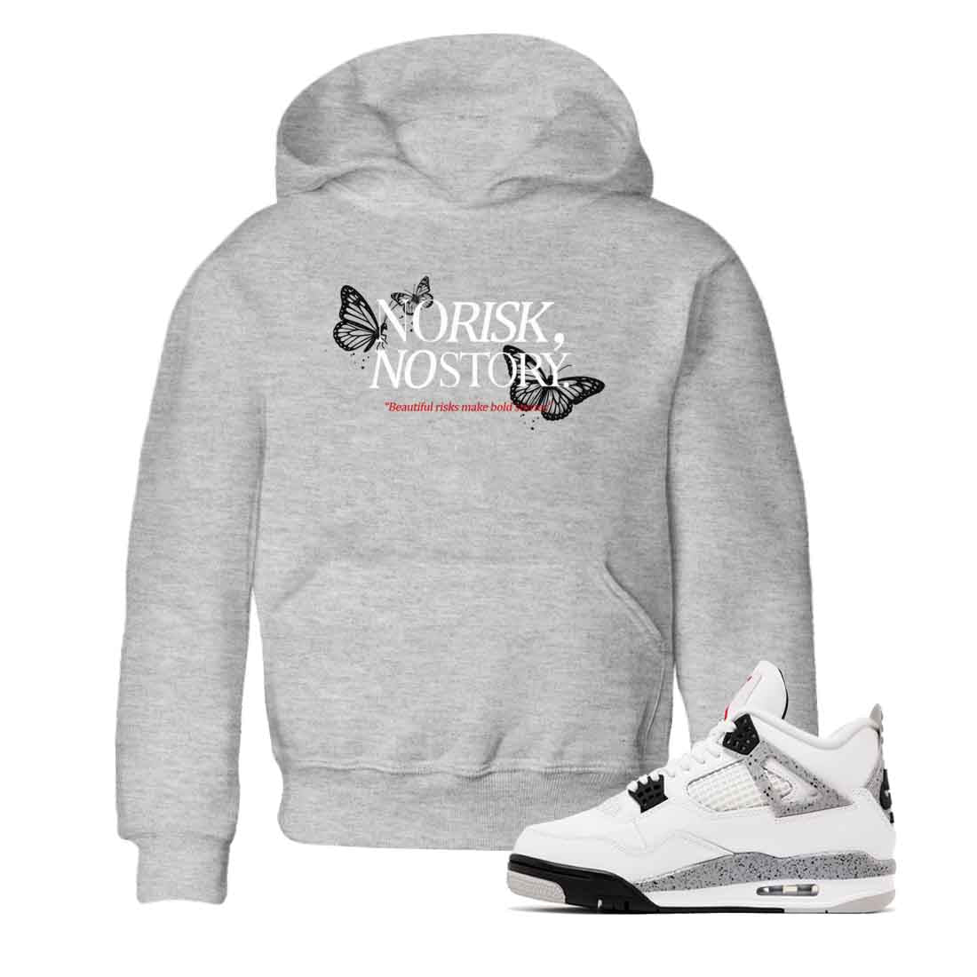 No Risk No Story baby and kids t-shirt crafted for little sneakerheads to shine with the Air Jordan 4 White Cement sneakers, displayed in Heather Grey 1.
